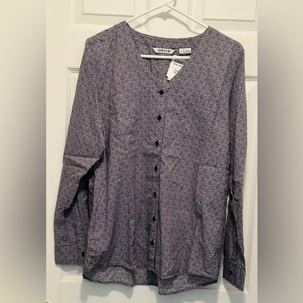 Women’s Orvis Long Sleeve Lightweight Button Up Camp Shirt Navy & White Size L
